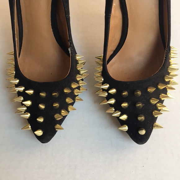 Penny Sue Black Faux Suede Shoe with Gold Spikes & Metallic 4.5 inch Heel - Picture 3 of 13